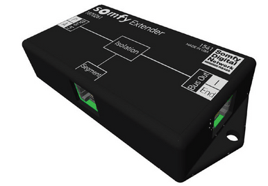 The Extender is a Somfy Digital Network™ (SDN) bus distribution component that is used to refresh a segment’s capacity or to create a new bus segment in the middle of an existing bus segment.